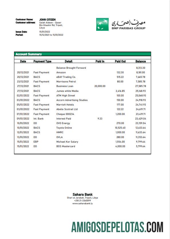 Modelo realista de extrato bancário do Saara da Líbia em formato Word e PDF.1